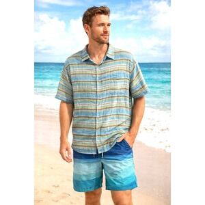 Carbon 2 Cobalt Men's L Multicolor Striped Short Sleeve Shirt Cotton Button Up